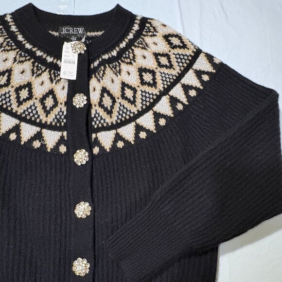 J. Crew Sweaters - J Crew Fair Isle Black White & Gold Button Down Jewelled Buttons Cardigan Sz S